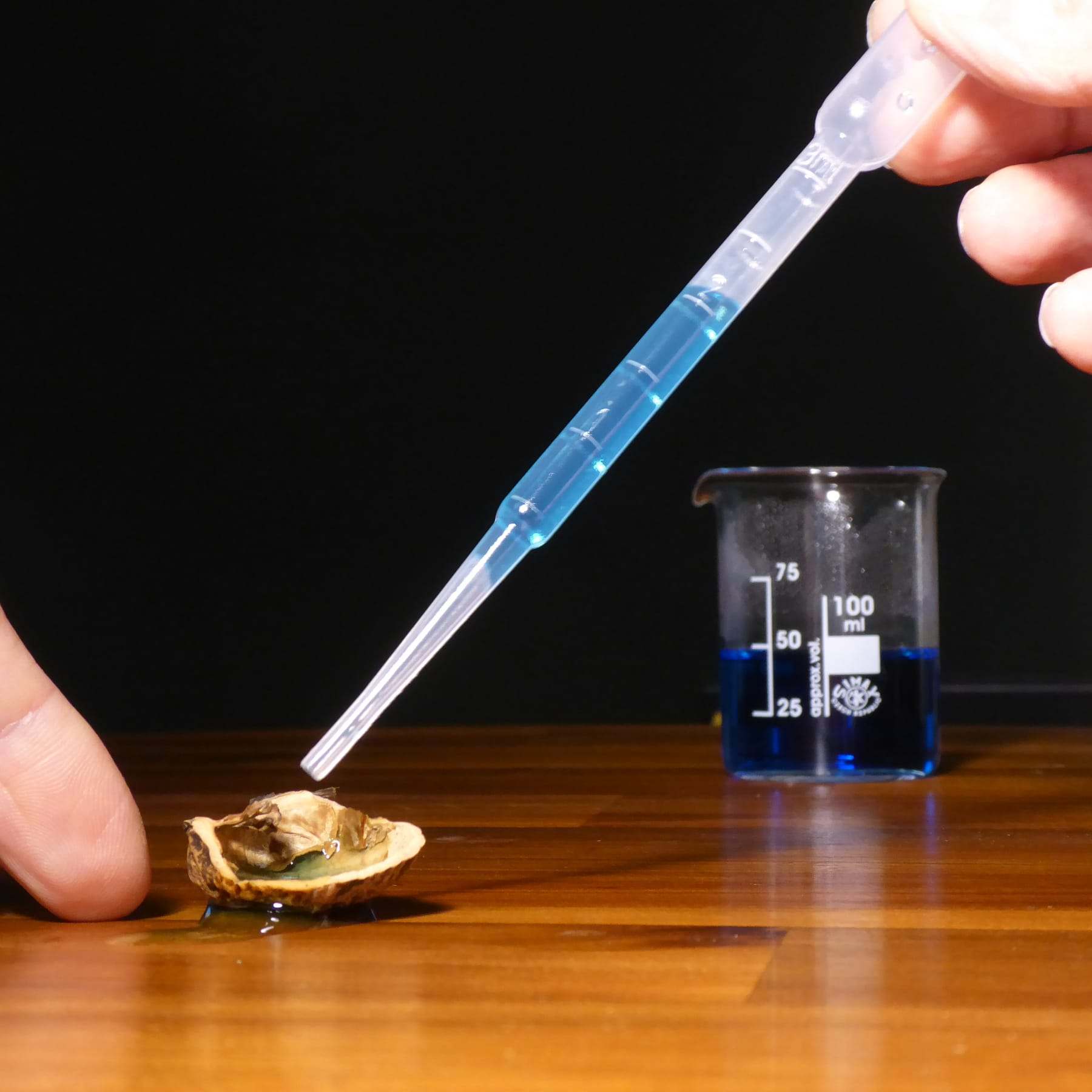 Pipette über einem Becherglas mit blauer Flüssigkeit